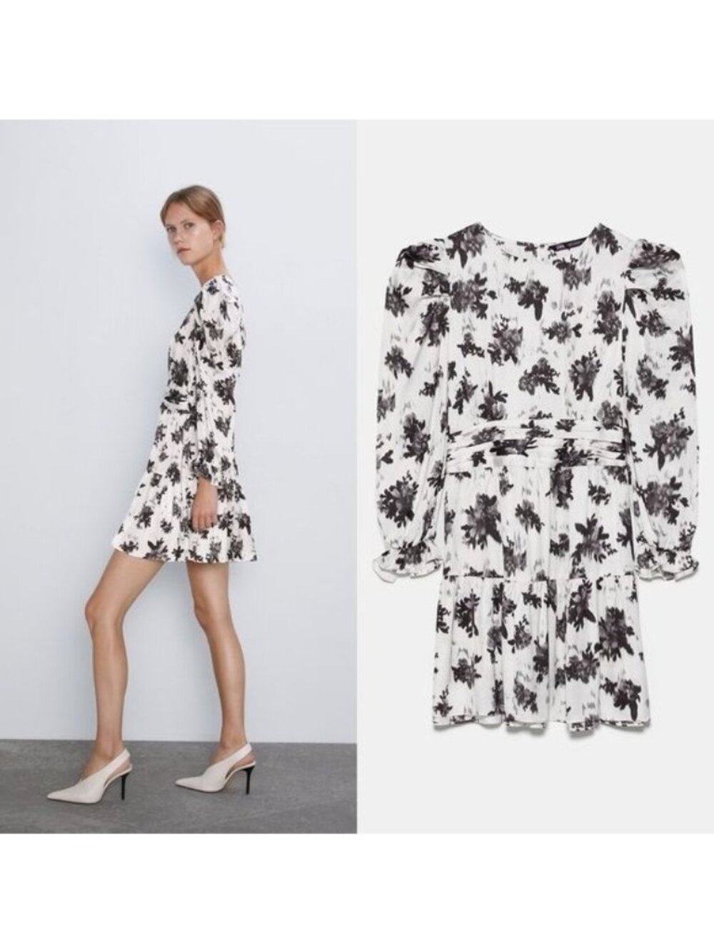 Zara Black White Print Pleated Ruffle Long Sleeve Dress